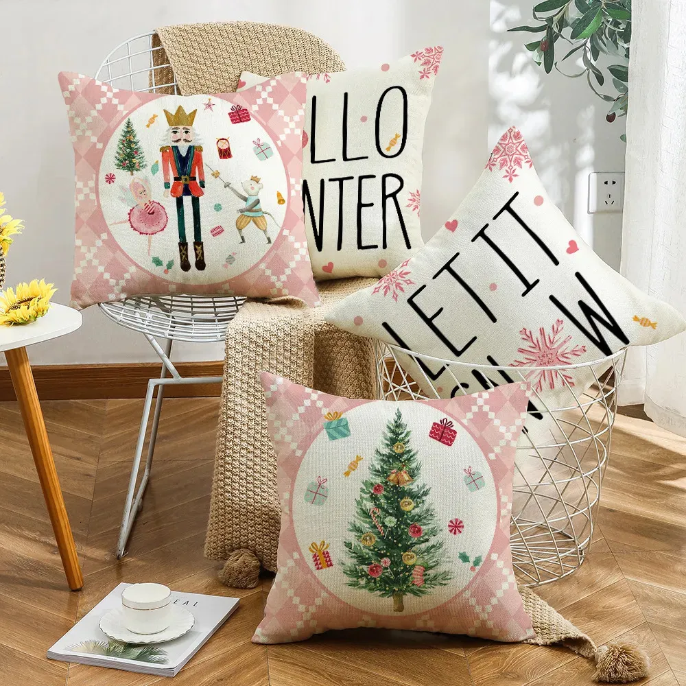 Decorações de Natal 45cm fronha de linho rosa desenho animado quebra-nozes árvore Olá deixe nevar no inverno 231110