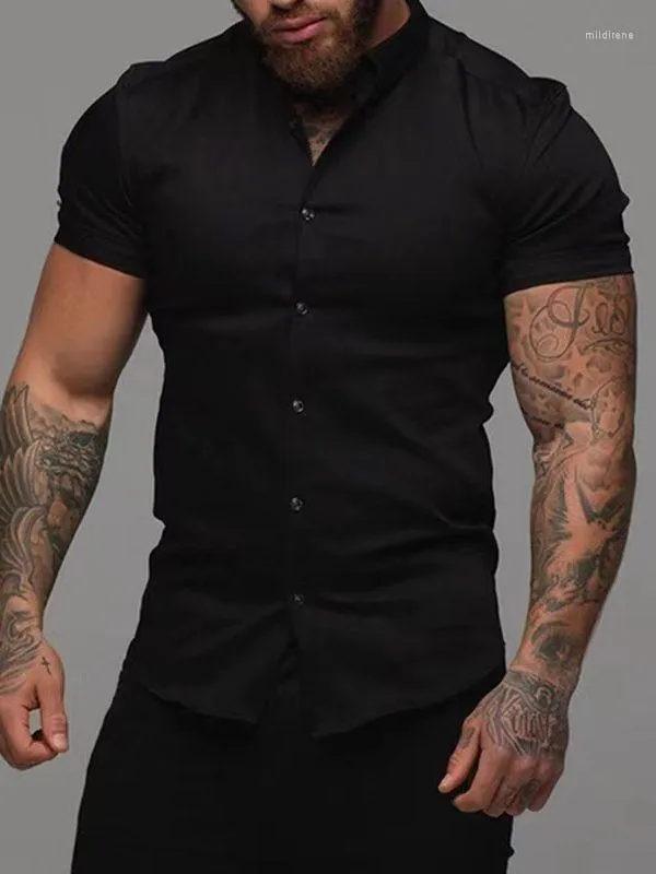 T-shirt da uomo Muscle Fitness da uomo a maniche corte Camicia con risvolto Elastico Sottile Tinta unita Sport Casual Cardigan Business No-iron