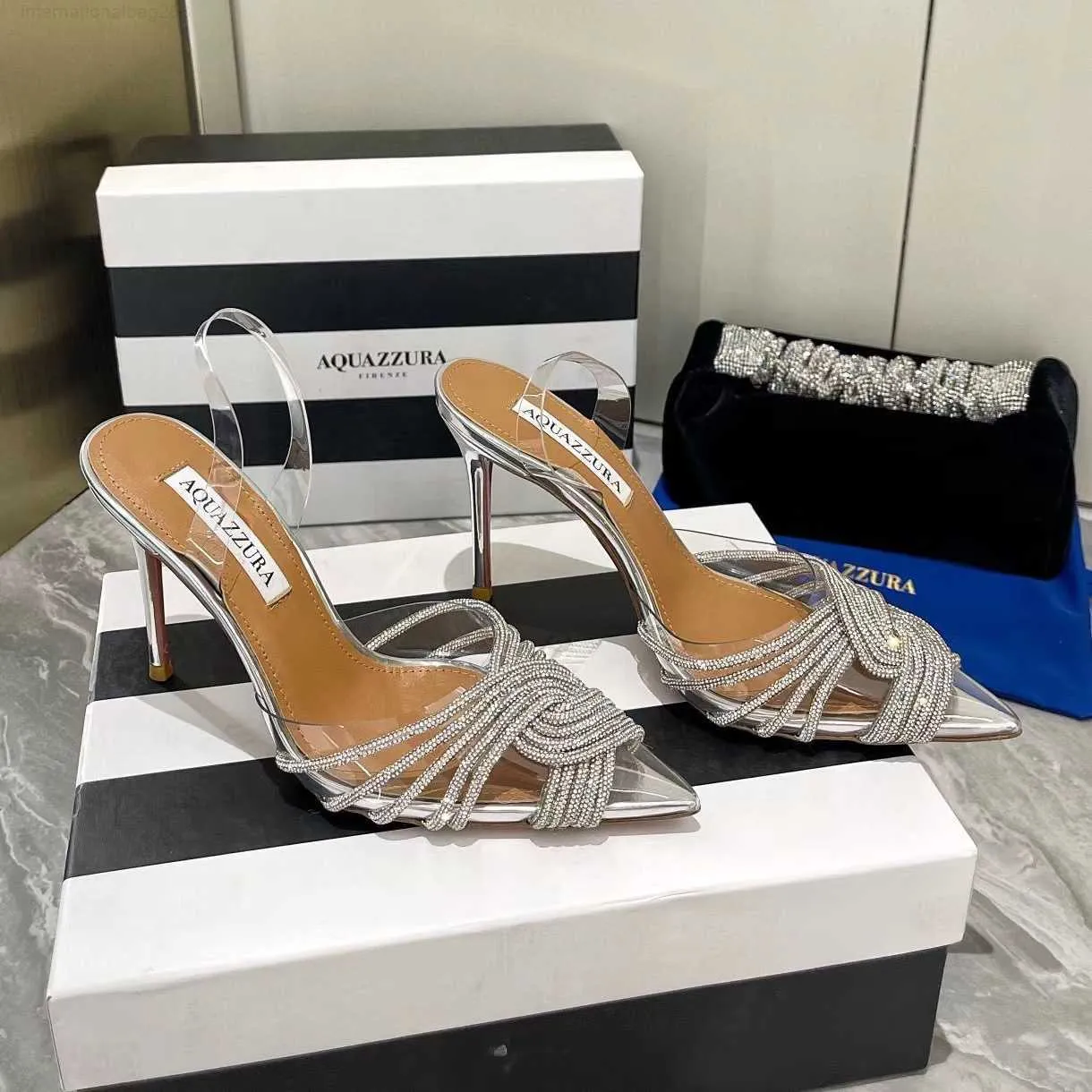 Aquazzura designer di alta qualità tacchi nuovi sandali da donna 10 cm donna Tacchi con fibbia in cristallo festa abito da sposa scarpe tacco cinturino sexy sandalo con suola in cuoio 100% con scatola