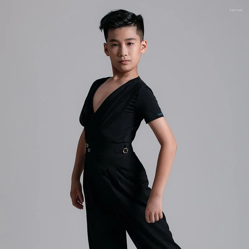 Stage Wear Latin Dance Clothes Boys Summer Training V-Neck Short Sleeved Tops Chacha Rumba Tango DN12304