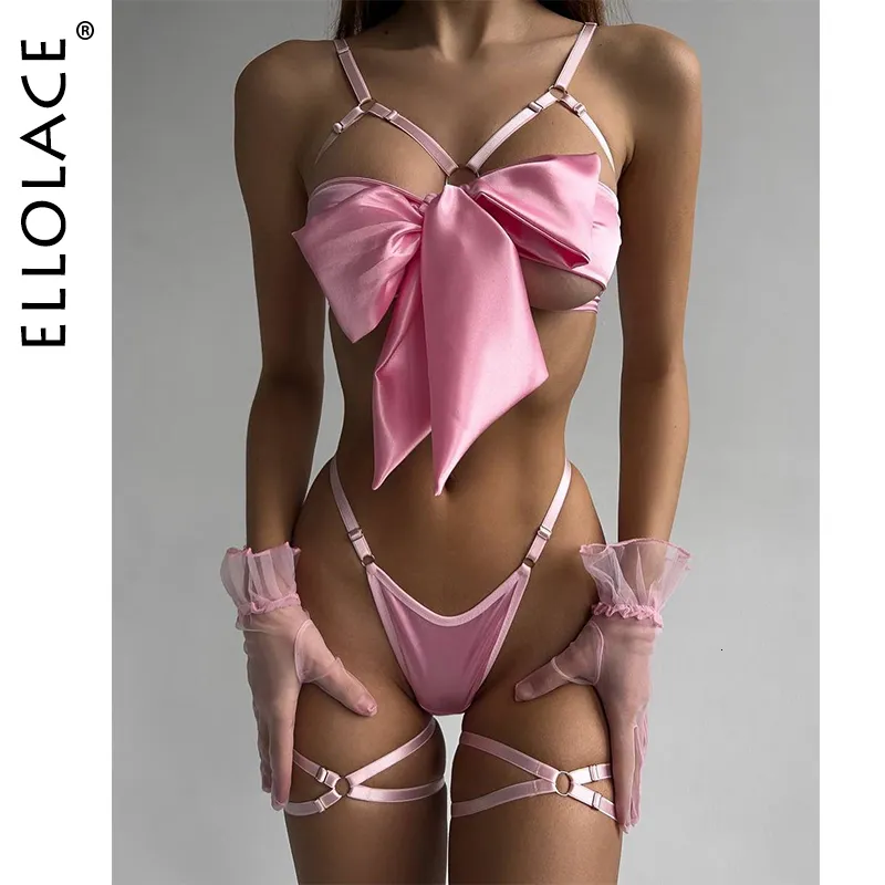 سراويل أخرى Ellolace Bowknot Lingerie Open Bra Lace Up Sexy Indies Inteary 3piece Satin Erotic Erotic Girls Bilizna مجموعة من الجنس 230411