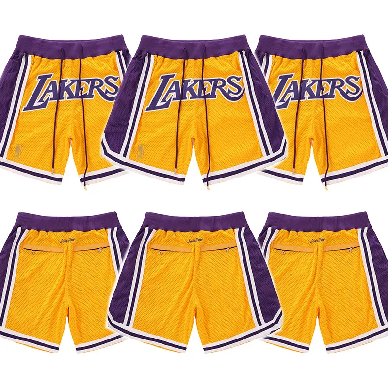 zomer net nieuwe heren losse gele don retro basketbalnetten voor de Lakeres borduurshorts