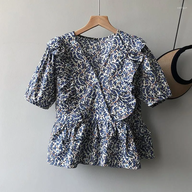 Blouses pour femmes un bouton col en V femmes chemises d'été à manches courtes en vrac élégant mode coréenne volants bleu imprimé hauts à fleurs