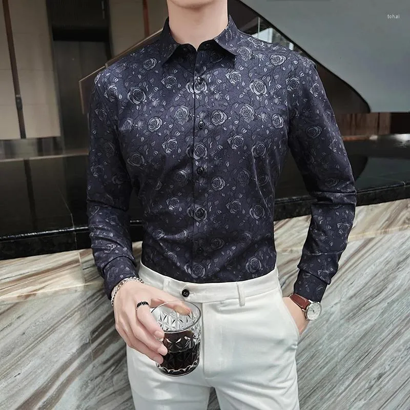 Camicie casual da uomo Fashion Business floreale per uomo bello stile coreano abbigliamento stampa floreale manica lunga camicia elegante da uomo streetwear