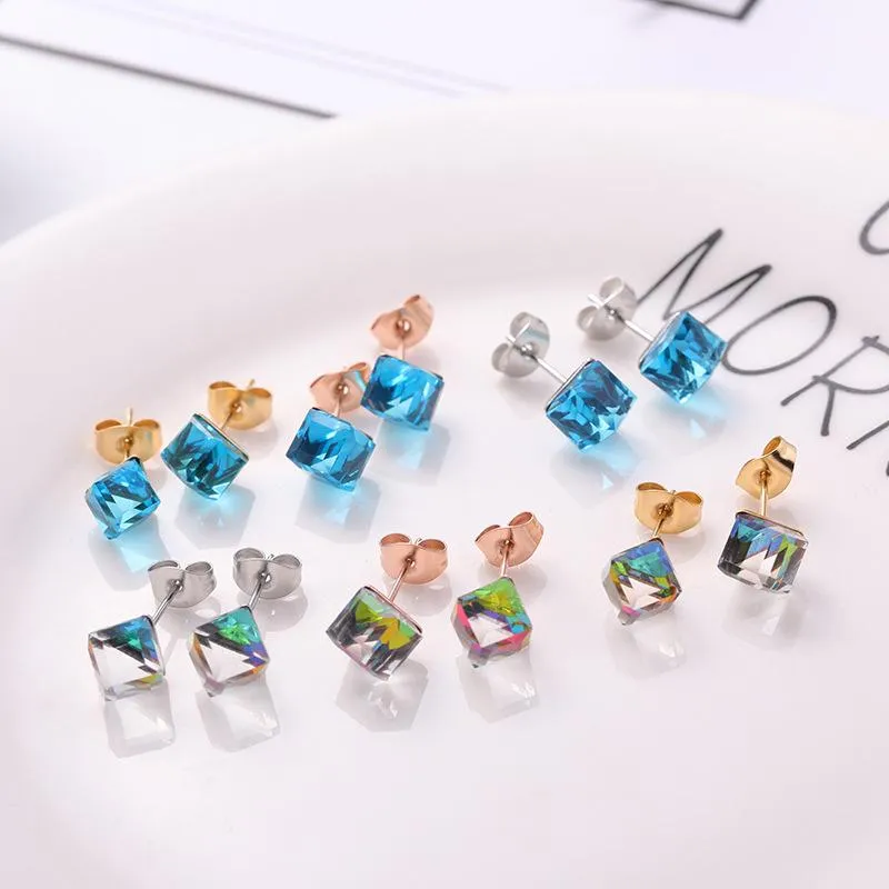 Boucles d'oreilles YUN RUO Mode Cube Zircon Cristal Boucle D'oreille Or Rose Couleur Femme Cadeau D'anniversaire Titane Acier Bijoux Ne Se Fanent Jamais En Gros