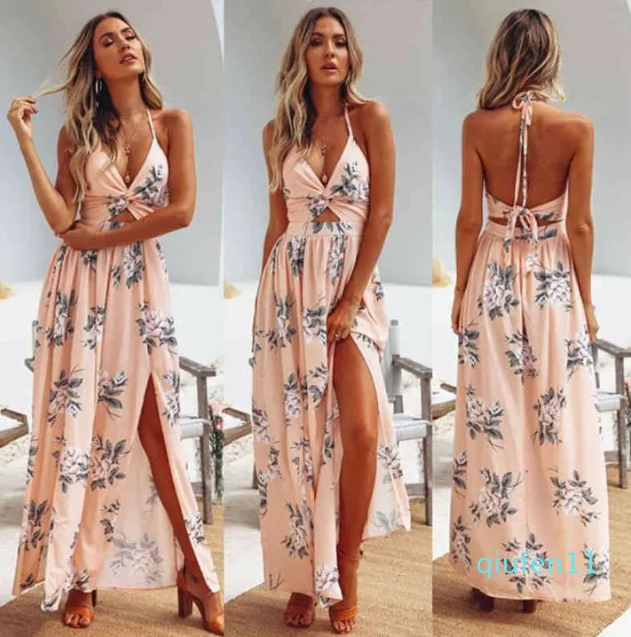 Fashion-Womens Summer Boho Maxi Long Dress Evening Party Beach Chain Dresses Sundress Floral Halter Dress Summer