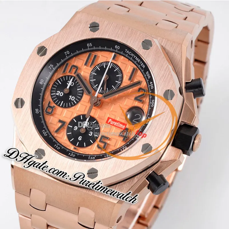 APF 42mm 26470OR A4404 Automatic Chronograph Mens Watch Rose Gold Champagne Black Textured Dial Stainless Steel Bracelet Super Edition Reloj Hombre Puretime A1