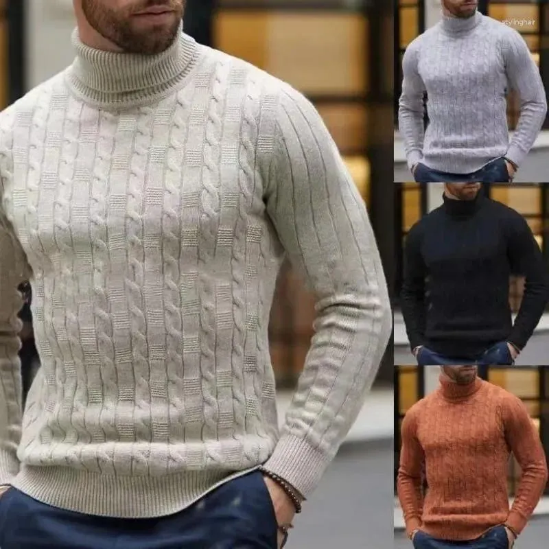 Camisolas masculinas 2023 outono e inverno suéter de pescoço alto de malha pulôver redondo pullovers quentes fino encaixe casual
