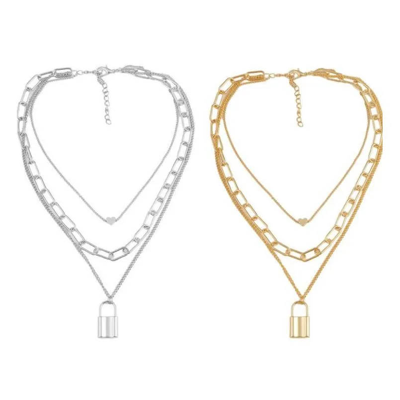 Punk Style Heart Lock Pendant Necklace MTI-Layer Vintage Gold Sier Charm Ins Female Jewelry Accessories 9 Styles Drop Delivery Dh49u