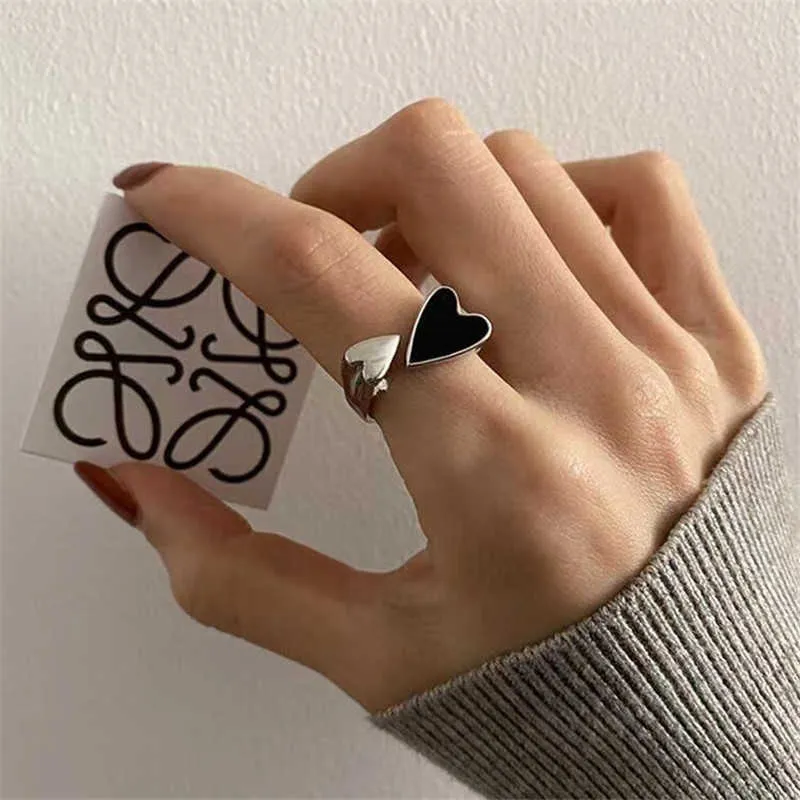 Band Rings New Trendy Two-color Blk Heart Rings For Women Minimalist Aesthetic Drop Of Oil Open Rings Female Metal Punk Party Jewelry P230411