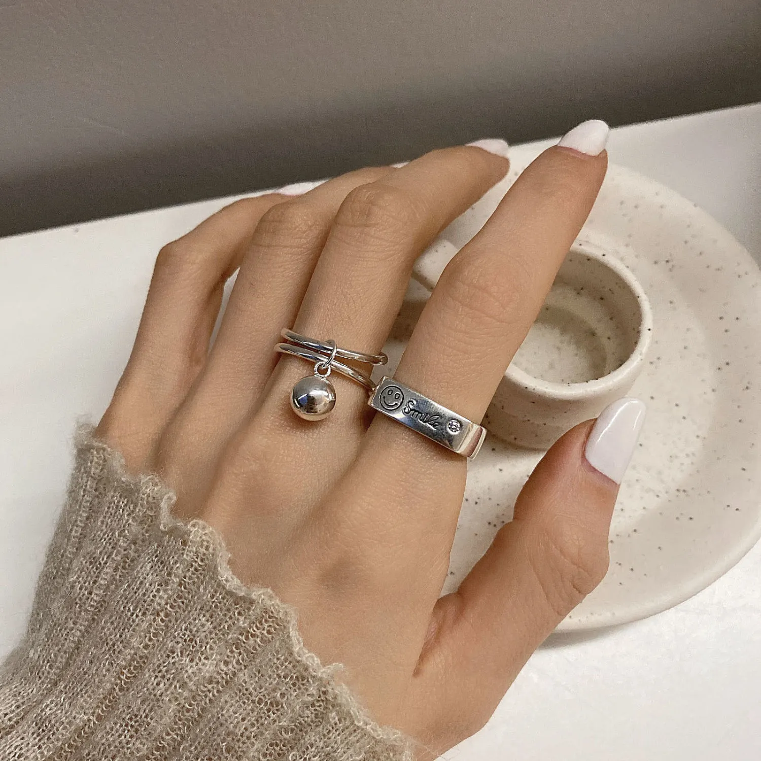 Personalized Silver Simple Matching Rings With Love Flower Color