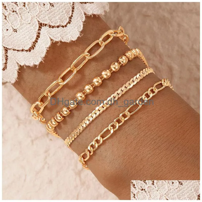 Chaîne 4pcs / ensembles bracelets de perles bohèmes pour femmes punk chaîne épaisse creuse géométrie alliage métal réglable bijoux goutte del dhgarden dhonb