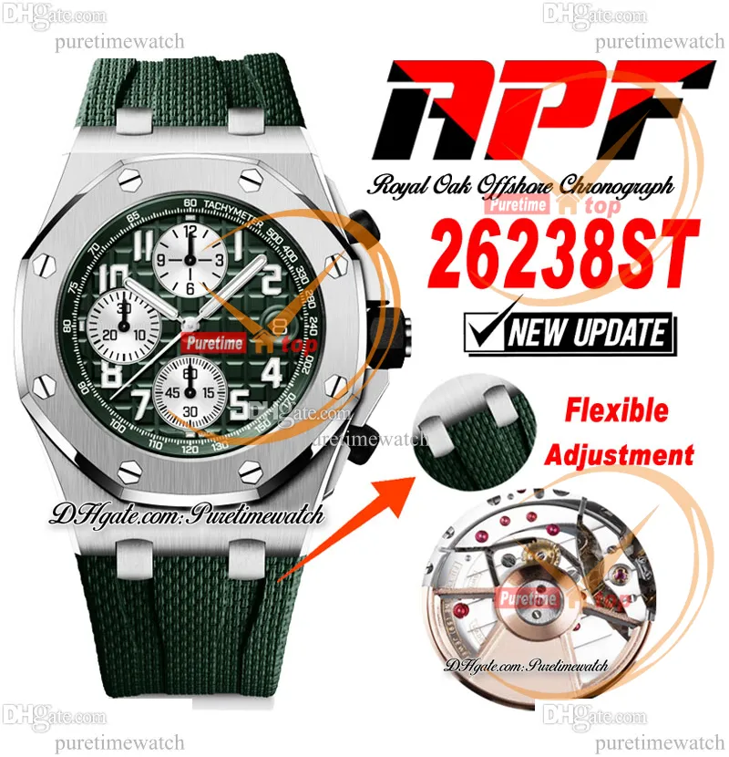 APF 42 mm 26238ST A4404 Cronógrafo automático Reloj para hombre Caja de acero Esfera texturizada verde Subdial plateado Caucho Super edición Correa Puretime Tecnología exclusiva A1