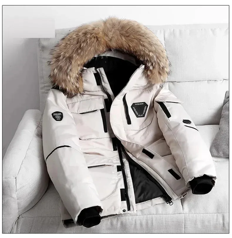 Parkas de plumón para hombre -Parkas de plumón de 30 grados Chaqueta para la nieve Hombres Mujer Invierno Pato blanco Espesar Abrigo Piel con capucha Grueso Cálido Cortavientos 231110