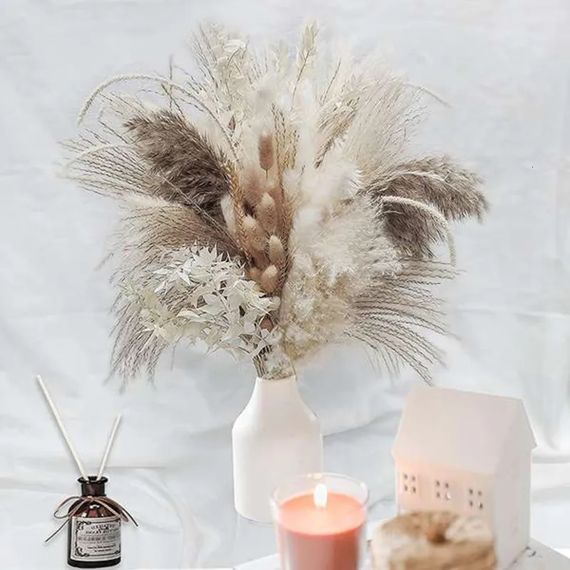 Faux Floral Greenery 79Pcs Natural Dried Fluffy Pampas Grass Bouquet Set Boho Home Decor Pompous Large Reed Bunny Tail Trigo Stalk Decorativo 230410