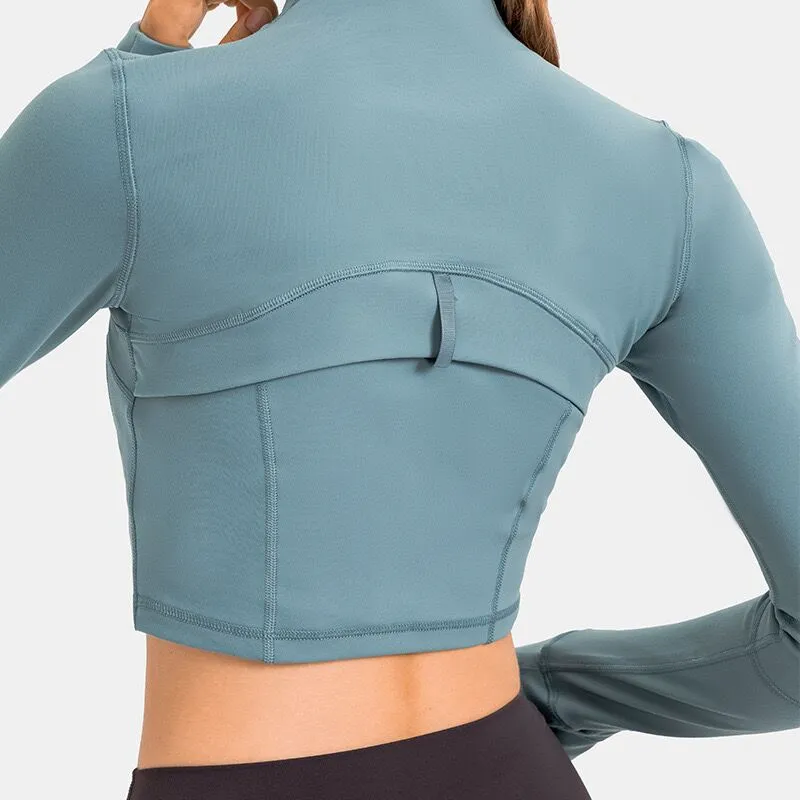 Nuove donne giacca da yoga corta elasticizzata colletto stretto antivento asciugatura rapida giacche di alta qualità manica lunga zip palestra maglia yoga con cappuccio 7 colori