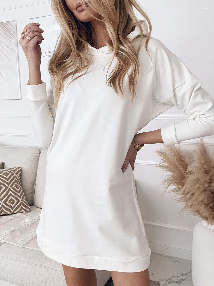 Casual Dresses 2023 Autumn Long Women's Hoodies Solid White Loose Sleeve Female Hooded Sweatshirt Fashion Ladies Pullover