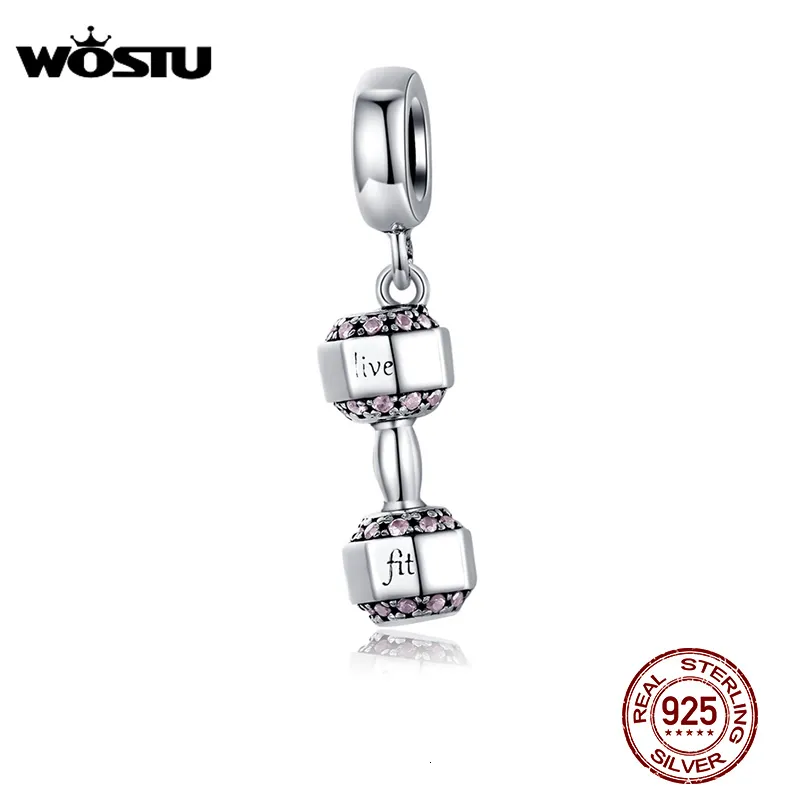 Charms WOSTU Fashion 925 Sterling Silver Dumbbell Fitness Charms Fit Original Bracelet Pendant Beads Women DIY Necklace Jewelry CQC1340 230411