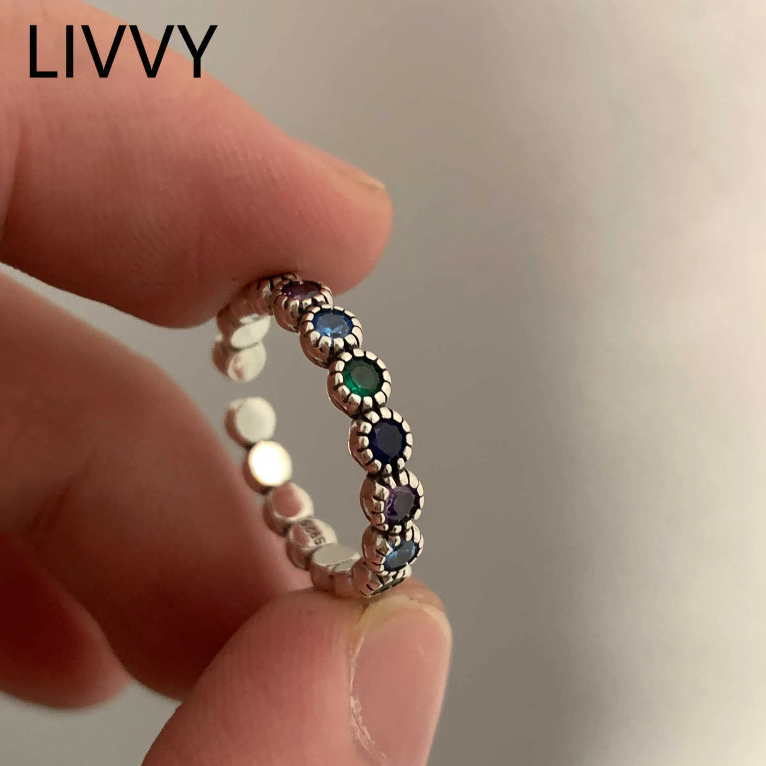 Band Rings LIVVY Silver Color New fashion Multi-colored Circular Zircon Chain Ring For Women Trendy Creative Adjustable Party Fine Jewelry P230411