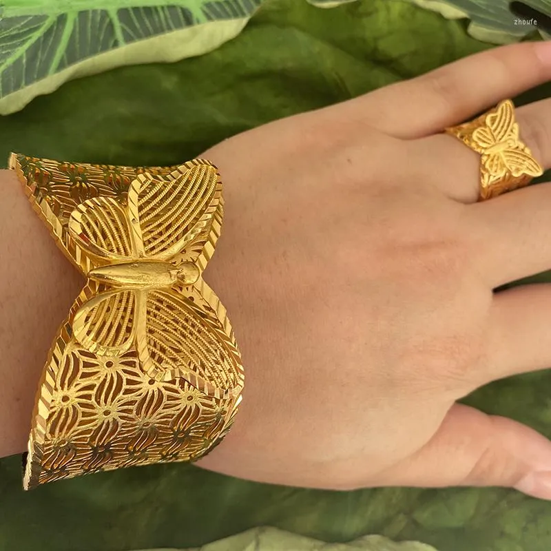 Bracelet papillon arabie saoudite pour les femmes 24k couleur or Hyperbole africain inde Bracelet avec anneau Dubai cadeaux de mariage de mariée