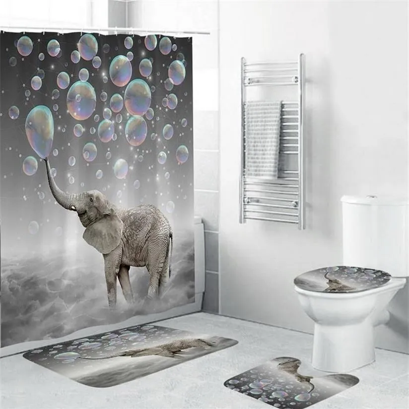 4 stks Olifant Waterdicht Polyester Bubbels Badkamer Douchegordijn Toilet Cover Mat Antislip Vloermat Tapijt Set met 12 Haken LJ201256j