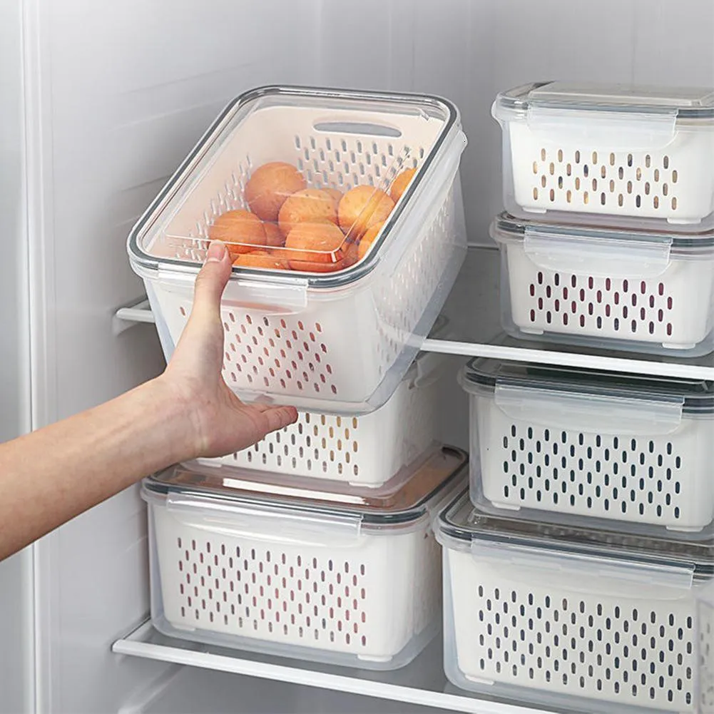 Storage Boxes Bins Refrigerator Storage Box Fridge Organizer Fresh Vegetable Fruit Boxes Drain Basket Storage Containers Pantry Kitchen Organizer 230410