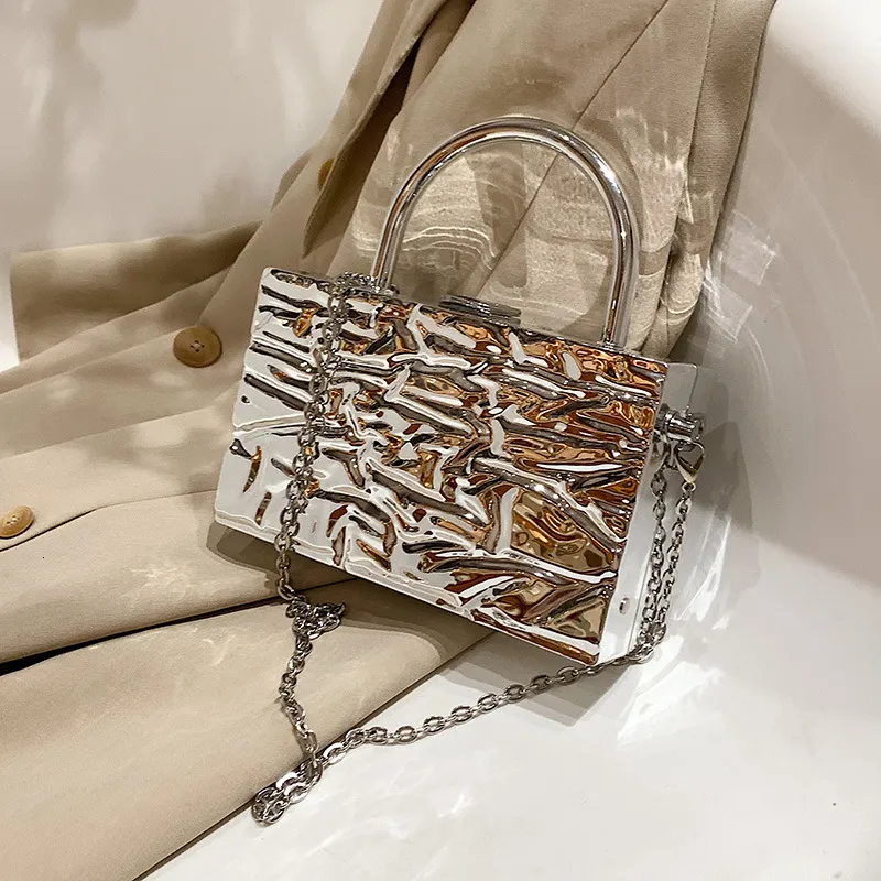 Akşam çantaları metal saplı kutu tasarımı kadın parti debriyaj omuz zinciri çanta çantaları dişi gümüş tote crossbody 230411