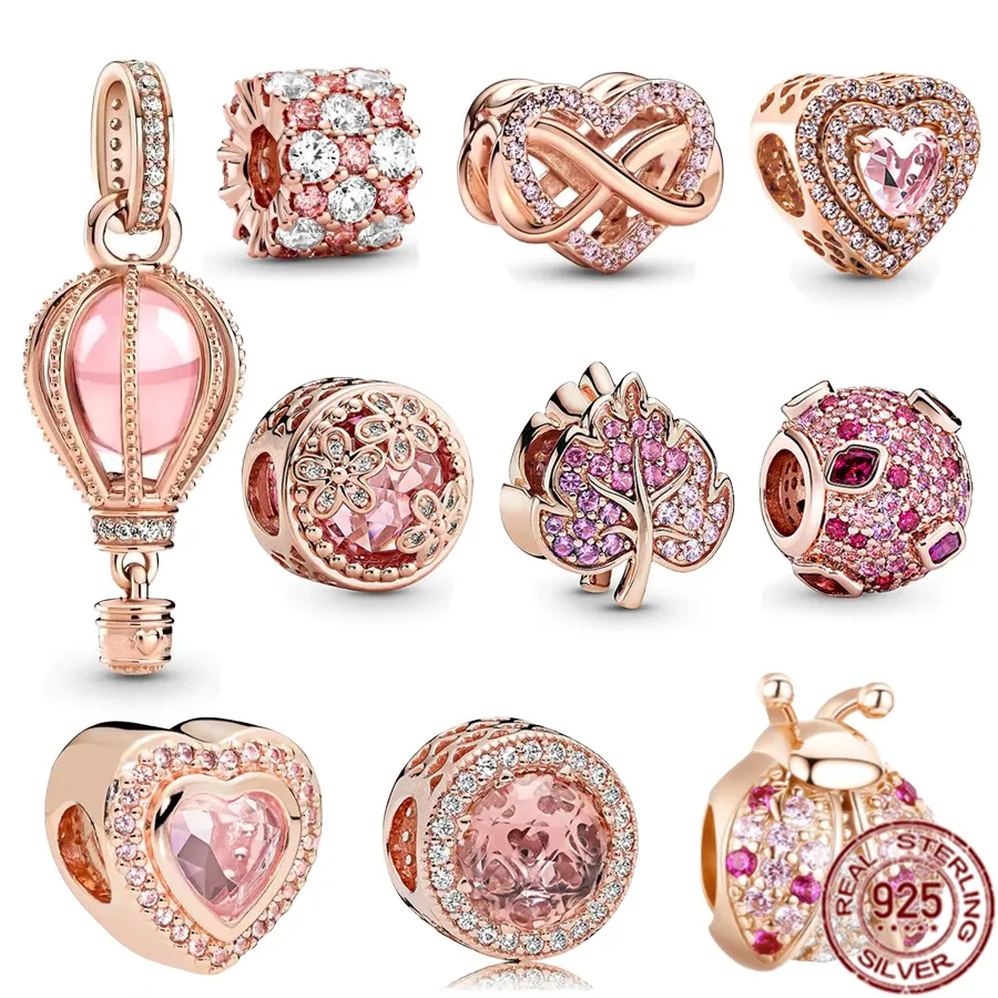 Amuleto Pandora de Prata Esterlina 925 e Conta Coração Brilhante Rosa Balão de Ar Quente Joia Adequada para Pulseira Clássica Primitiva Acessórios de Moda DIY