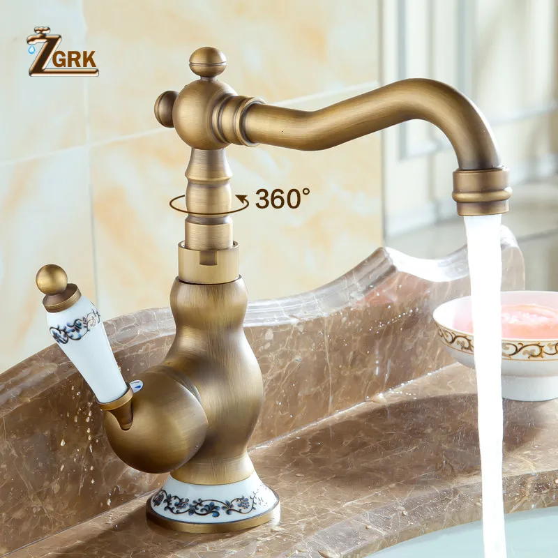 Bathroom Sink Faucets Antique Brass Single Handle Mixer Taps and Cold Water Rotatable For Basin Deck Mounted 230410