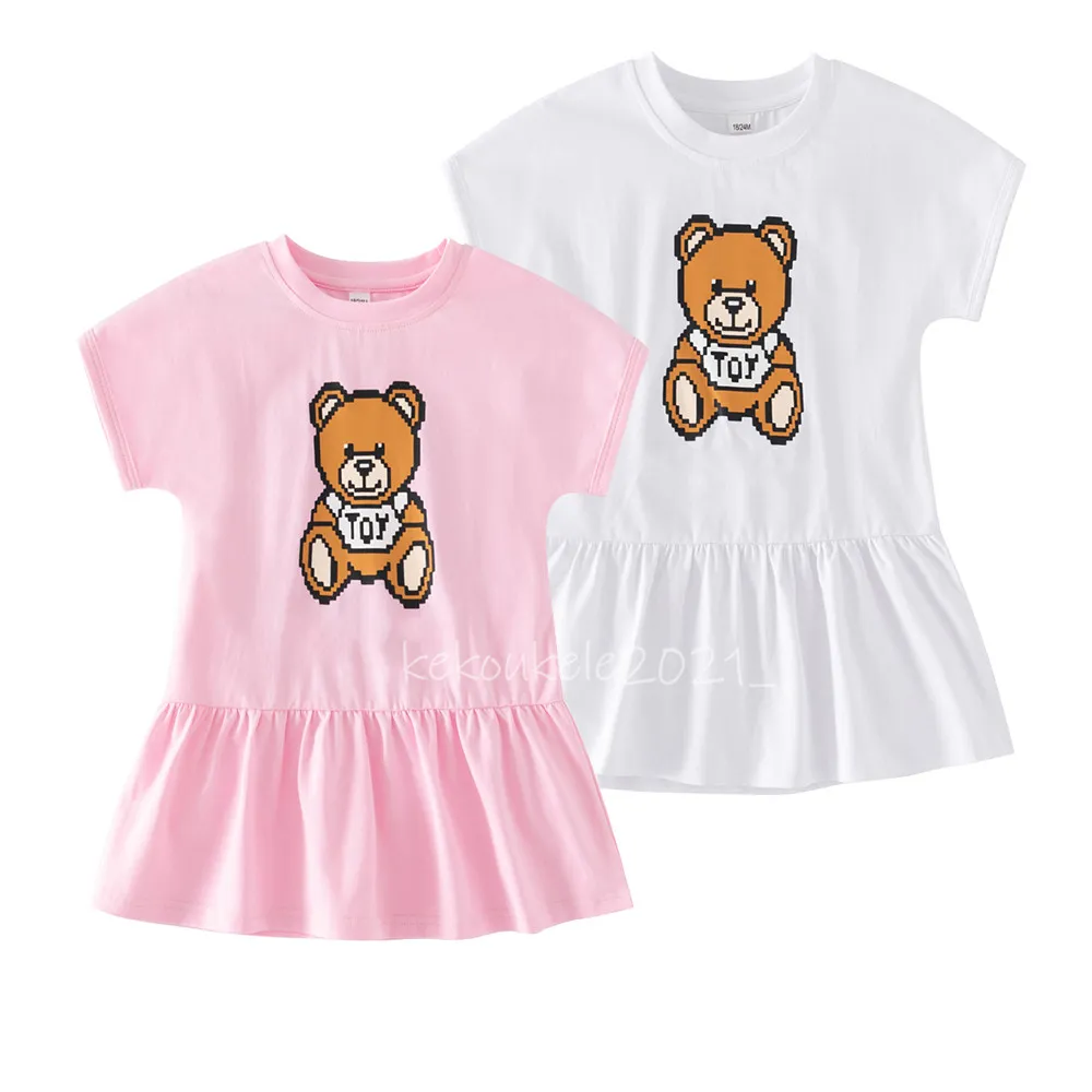 1-7 jaar Summer Baby Girls 'schattige cartoonbeer 100% katoenen korte mouw kinderen meisjes prinsesjurk kinderkleding