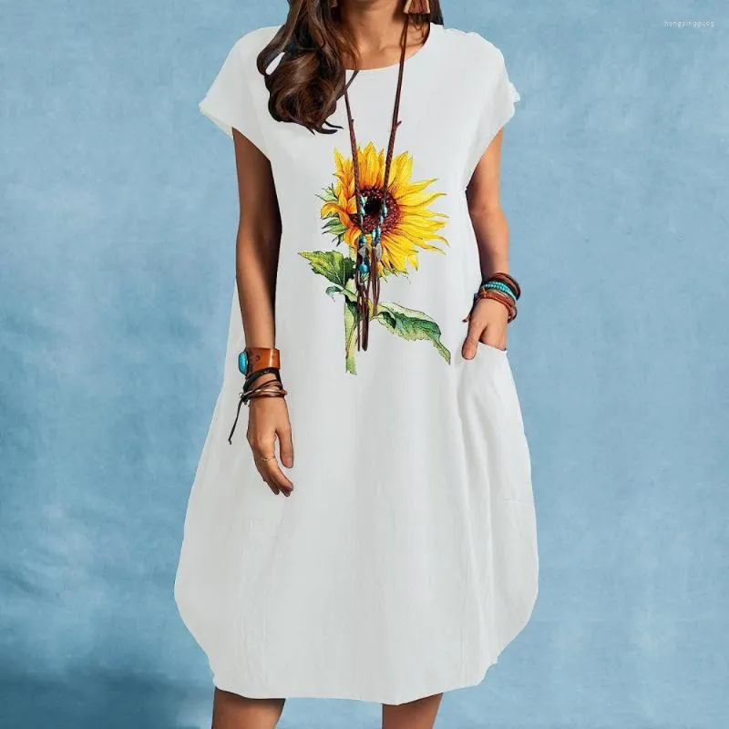 Casual Dresses Solid Color Short Sleeve Dress Women's Sunflower Print Loose Knee Length Cute Pocket Shirt