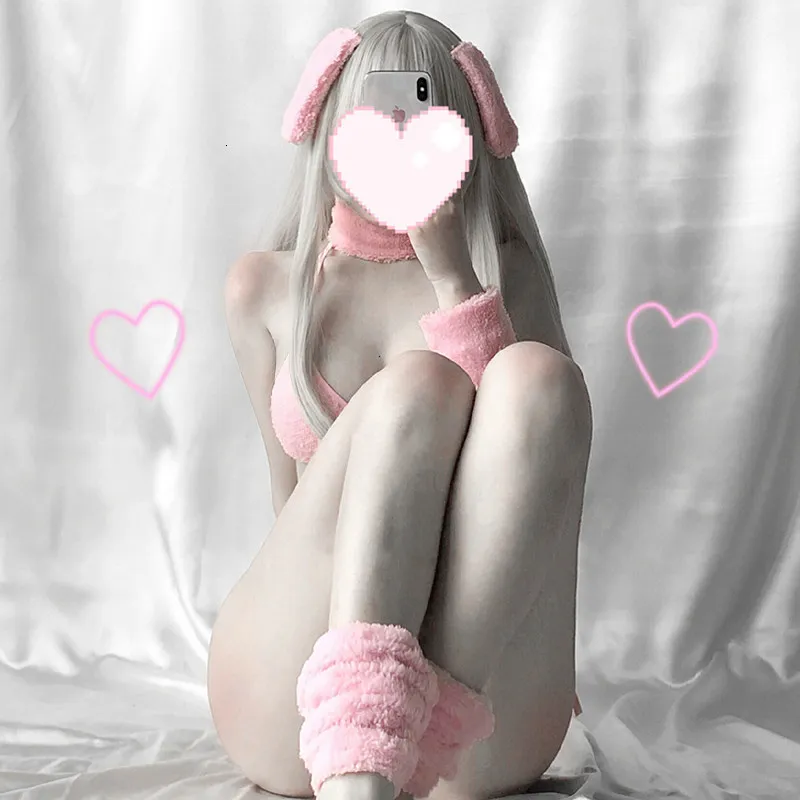 Seksowny zestaw Róż Rabbit bikini erotyczny strój dla kobiety Bra Thong Kawaii Bunny Girl Mundliform Anime Cosplay Ddlg Baby 230411