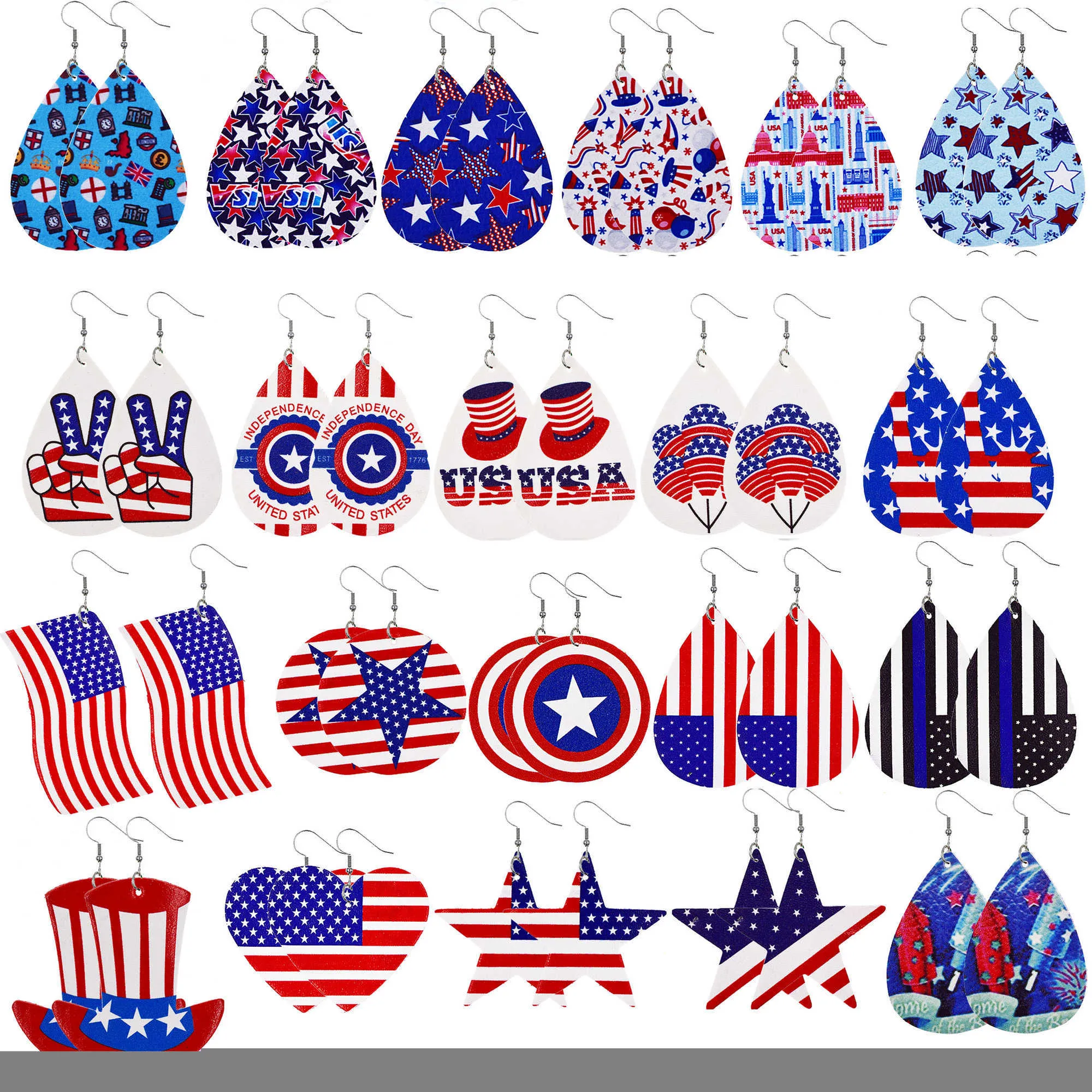 수진 샹들리에 1Pair American Flag Leather Earrings 5 ​​포인트 스타 패션 보석 스트라이프 눈물 드롭 성명서 이어링 독립 기념일 Z0411