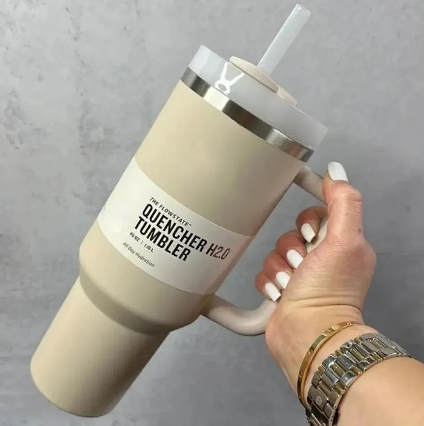 Redo att skicka quencher tumblers h2.0 40oz rostfritt stål koppar silikonhandtag lock halm 2: a generation bilmuggar vatten flaskor 20 färger dhl