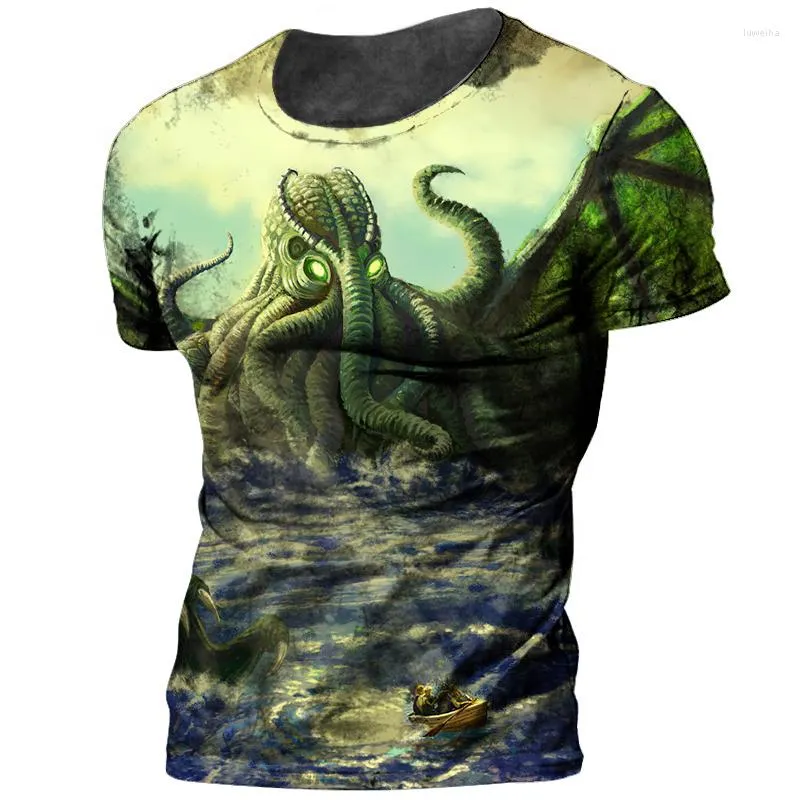 Men's T Shirts Vintage 3d Cthulhu Shirt Men Printed Monster Crew Neck Myth Short Sleeve Kthulhut Oversized Tops Tee Man Clothes