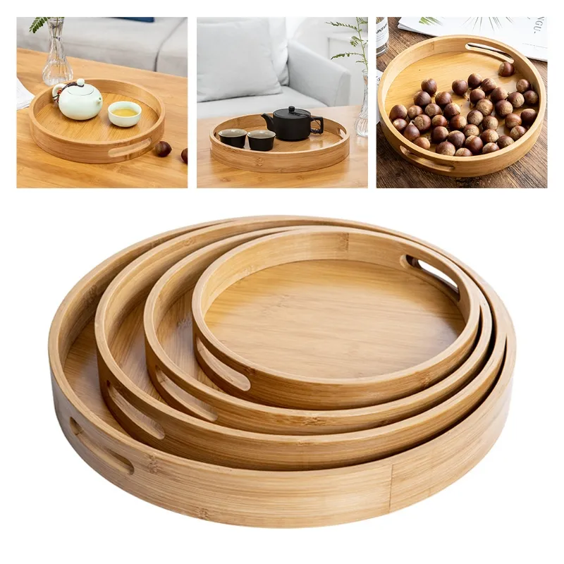 Bamboo Round Serving Tray Bamboo Plate Tea Food Dish Drink Platter Multipurpose