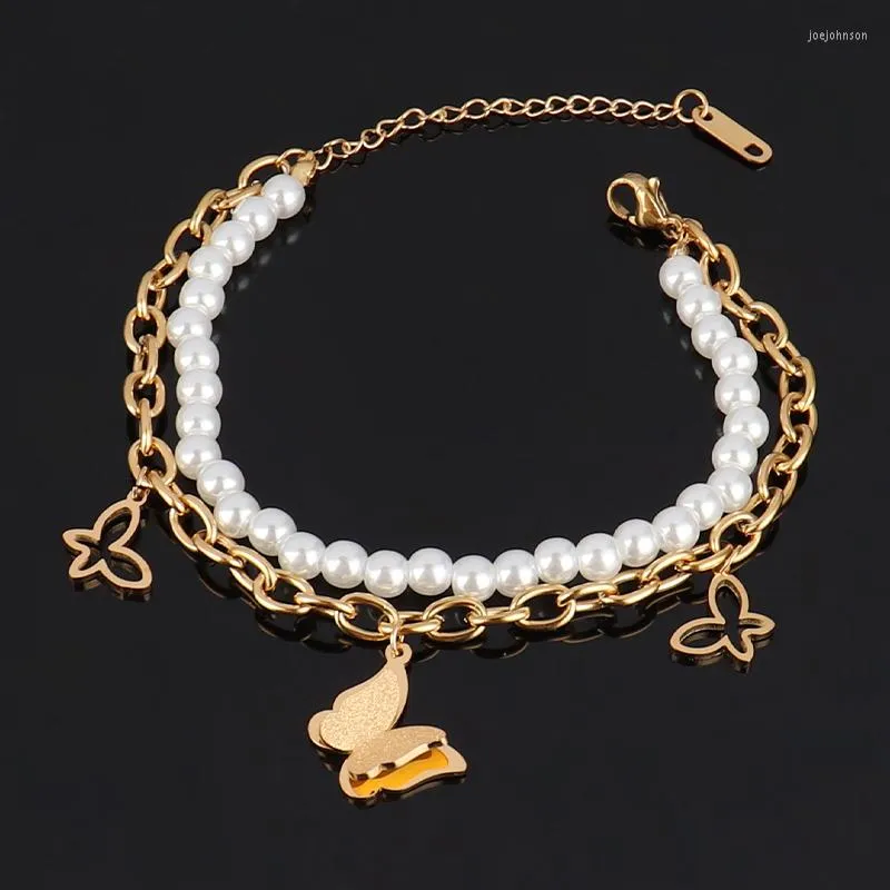 Charm-Armbänder Charm-Armbänder Schmetterling Ungewöhnliches Perlenarmband für Frauen Edelstahl Kleeblatt Charms Kette Doppelschichtschmuck