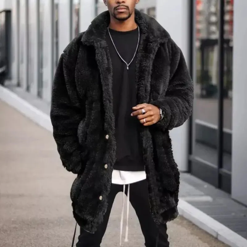 Men's Fur Faux Fur Men's Plush Long Coat Mid-length Black Casual High Street Loose Warm Lapel Long Sleeve Jacket Premium Winter Clothing 231110