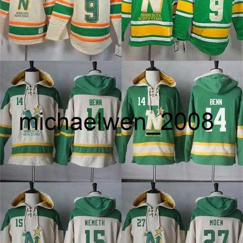 Weng vintage Mens North 9 Mike Modano 14 Jamie Benn 15 Nemeth 27 Бежево-зеленые сшитые дешевые хоккейные толстовки