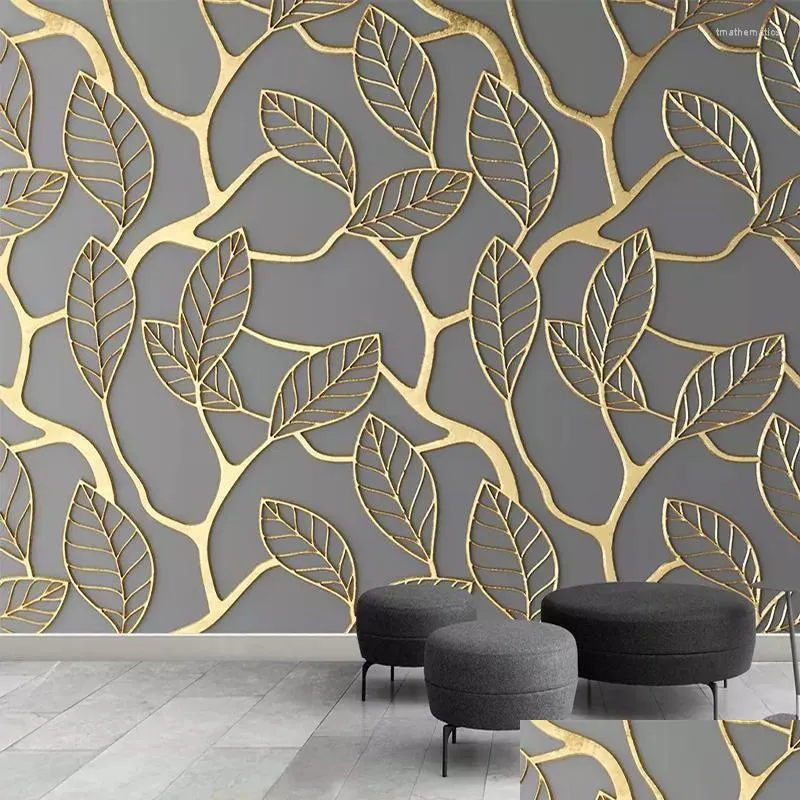 Fonds d'écran Personnalisé Po Fond d'écran pour murs 3D Stéréoscopique Golden Tree Feuilles Salon TV Fond Mural Mural Creative Paper Drop Dhypu