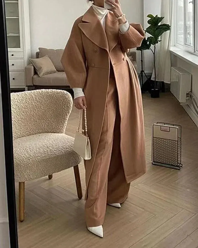 Women Blends Autumn Winter Thickened Tweed Coat Women Solid Color Simple Style Lantern Sleeve Outerwear Female Elegant Office Trench Peacoat 231110