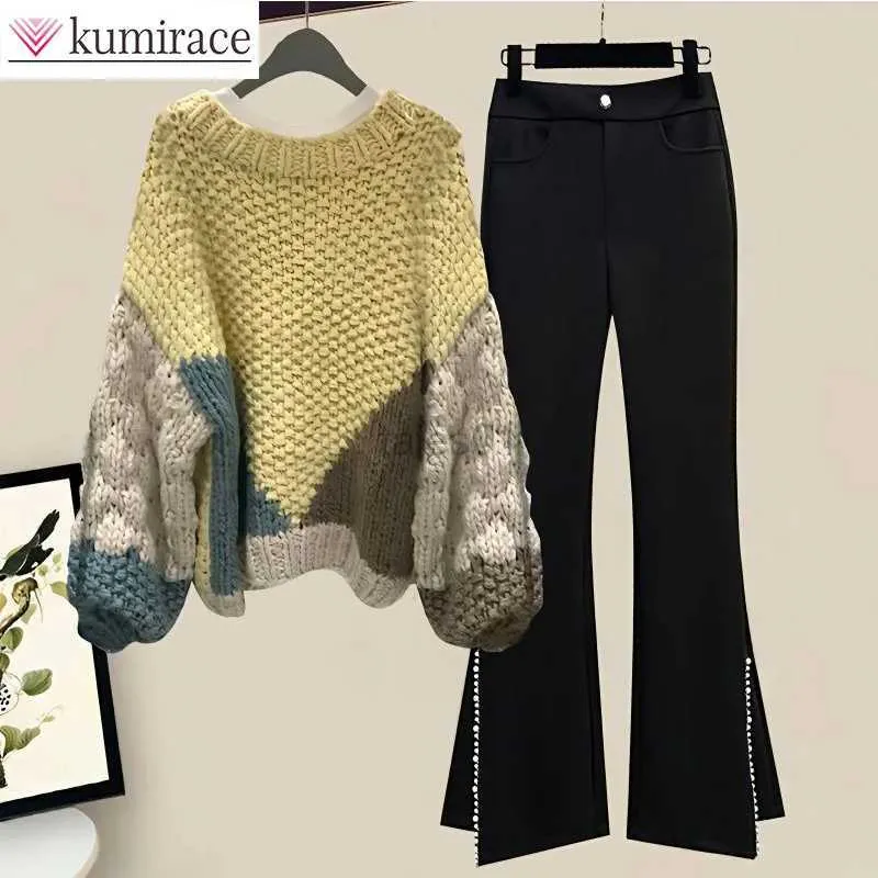 Kadın Sweaters Sonbahar Yeni Sweater Kadın Koreli Gevşek Kazak Düz Bacak Pantolon İki Parça Set Kış Giysileri Kadın 2 Parça Örme Set Kadınlar ZLN231111