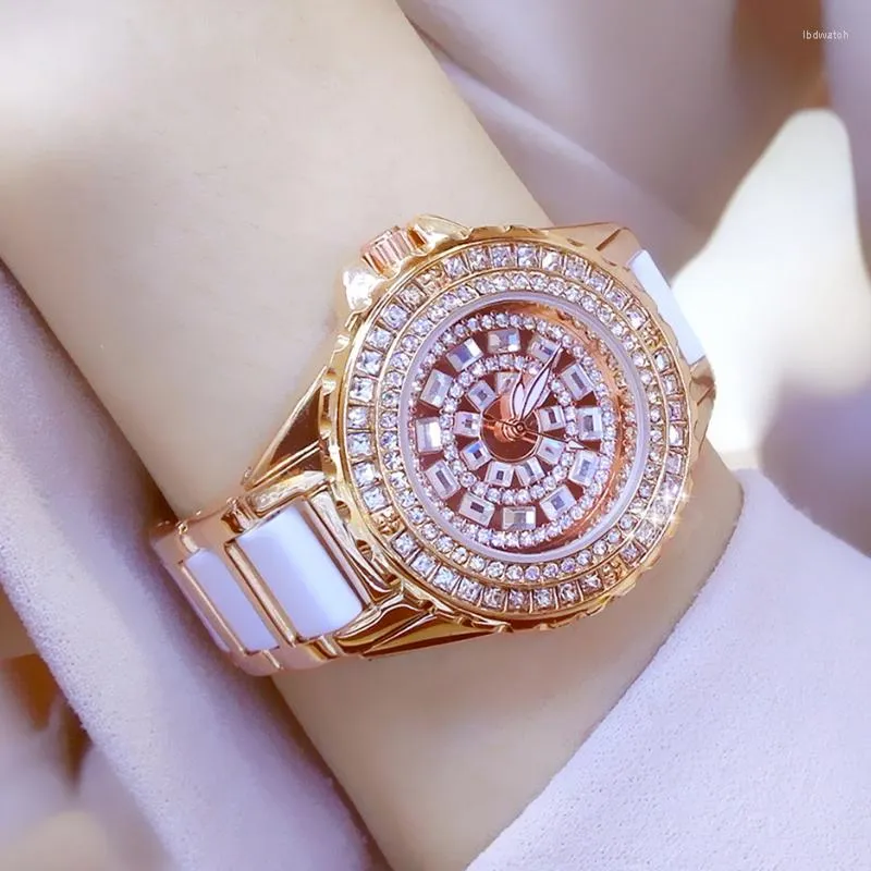 Zegarki na rękę na rękę nadgarstki Zegarek Gold Watch Crystal Diamond Pand Ceramic Band Silver Clock Montre Femme Kobiet Bransoletka