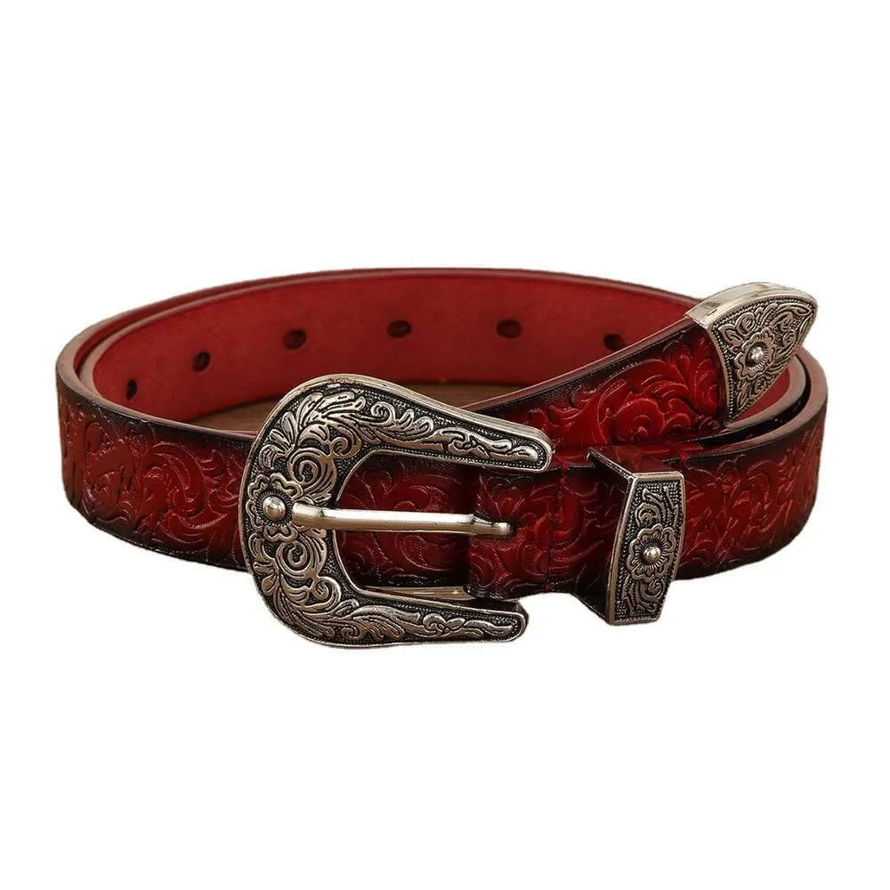 Ceinture de luxe en cuir occidental sculpté à la main, motif de feuilles de Cowgirl, en relief, pour femme avec boucle en laiton florale lourde