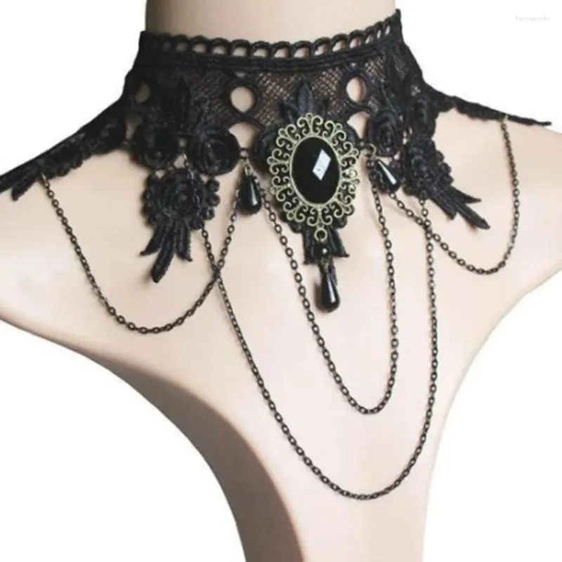 Naszyjniki wiszące gotycka wiktoriańska czarna koronkowa kobiety boho kryształ frędzl