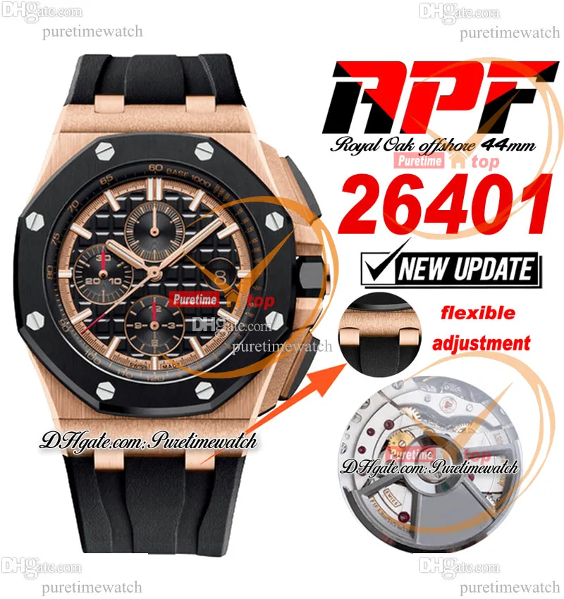 APF 44mm 26401RO A3126 Automatic Chronograph Mens Watch Rose Gold Black Ceramic Bezel Stick Markers Rubber Exclusive Technology Super Version Puretimewatch B2