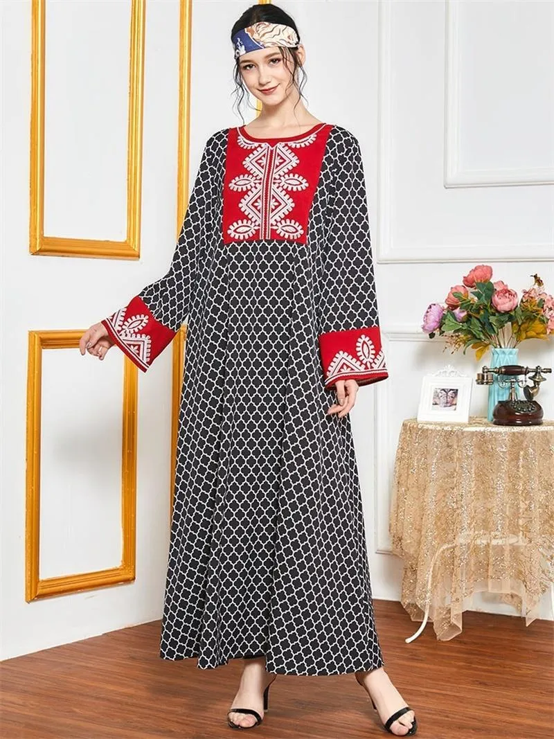 Etnische kleding geborduurde plaid lange jurk elegante volle mouw losse moslim Arabische kalkoen maxi jurken herfst Marokkaanse kaftan vestiods