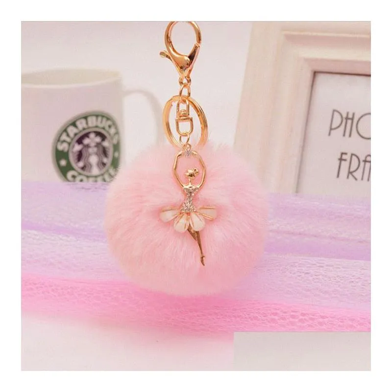 Rhinestone Ballet Girl Keychains Rabbit Hair Ball 16 Färg Välj Alloy Fashion DS12 Drop Delivery DHPMQ