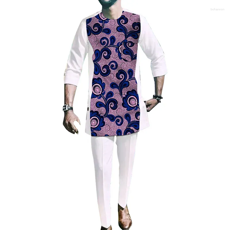 Survêtements pour hommes Trois quarts manches chemise ensembles costume de marié blanc mâle patchwork haut pantalon solide tenues de mariage africain