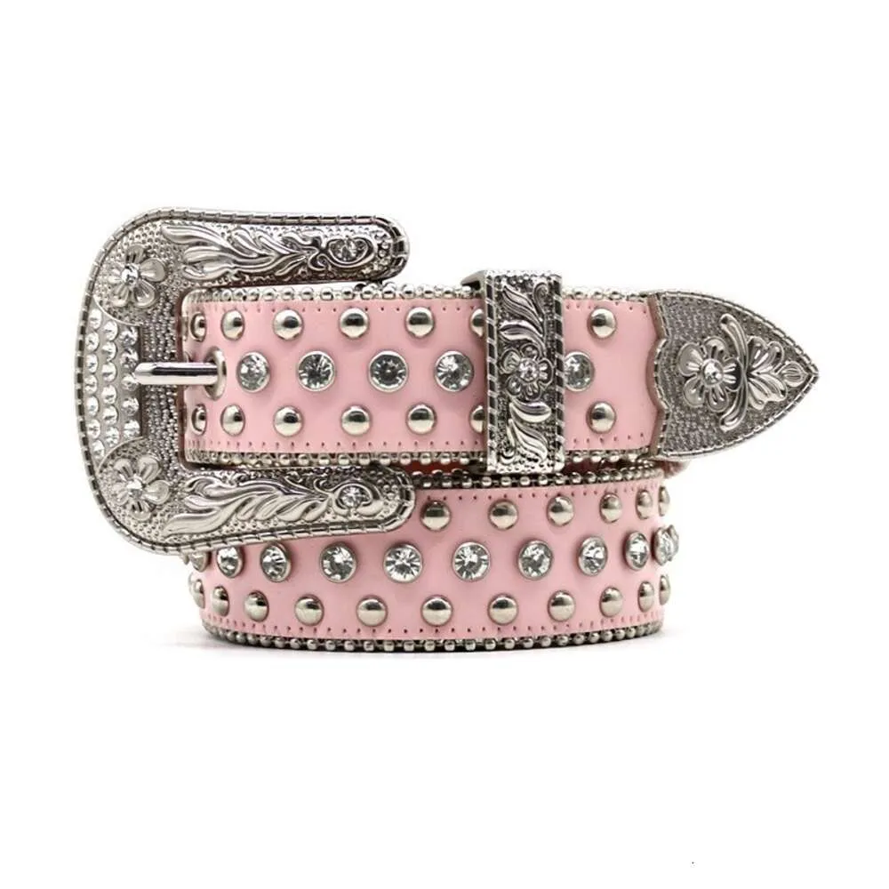 Pink New Trend Western Luxury Crystal Rhinestone Belt Inlaid with Full Diamond Rivet Alloy Flower Buckle Belt for Women